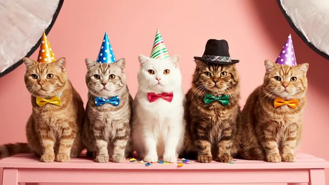 cat wearing party hat and bowtie on shelf. birthday celebration with pet group portrait. five cats sit in row on pink shelf wearing colorful hat and bowtie. portrait of pet party arrangement.
