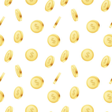 A seamless pattern of gold dollar coins on white background. Set of icons of gold coins rotating in different angles for animation. Set of gold coins. 3D vector illustration.
