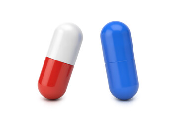 Red and White Capsule with Blue Medical Pill on White Background