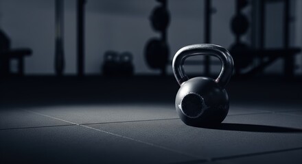 Black kettlebell resting on a gym floor with low lighting for fitness and training activities