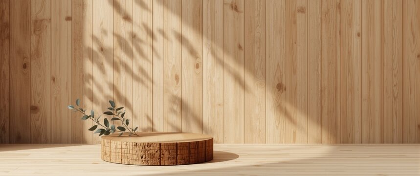 Presentation or advertising wooden podium featuring a round product display, eucalyptus leaves, and shadows