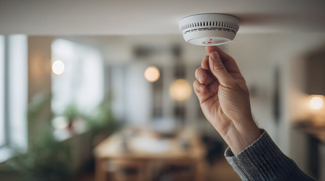 Smoke alarm being tested in modern home interior, emphasizing fire safety, protection, and home security through reliable alarm systems