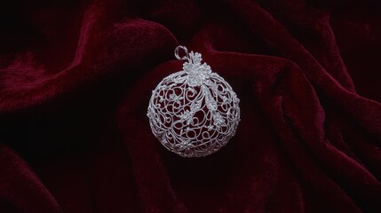 A delicate silver filigree ball ornament with intricate swirling patterns hangs suspended against a rich dark background