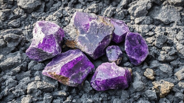 A Collection of Raw Unpolished Amethyst Gemstones Showing Their Natural Purple Crystals
