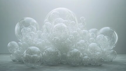 Obraz premium A close up of many transparent acrylic spheres of varying sizes clustered together creating an abstract pattern