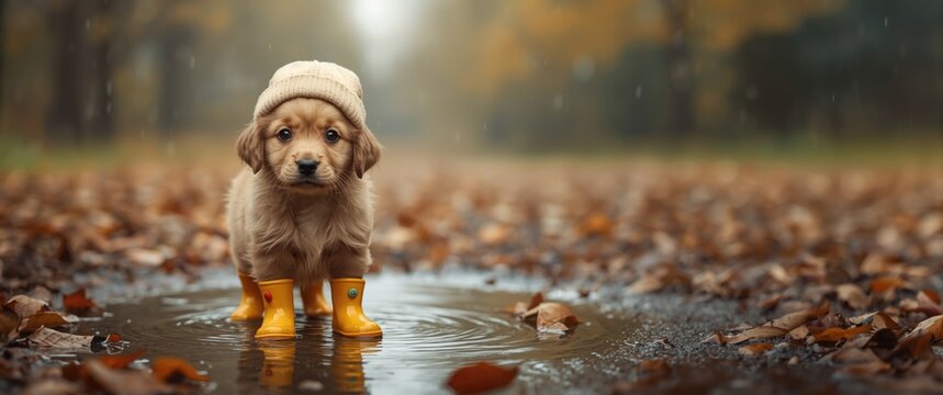 Cute dog with a hat and rubber boots in a puddle looking directly at the camera