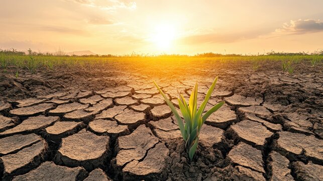 A lone green plant sprouts from cracked dry earth under a bright sunset symbolizing hope and resilience in a drought stricken landscape