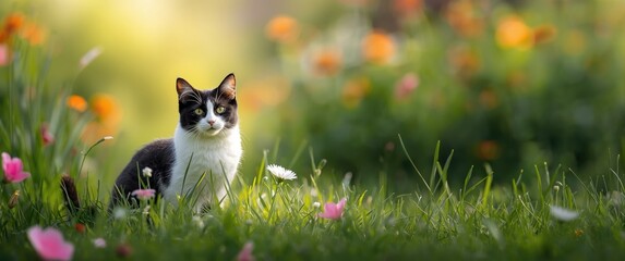 Beautiful monochrome cat resting among vibrant flowers