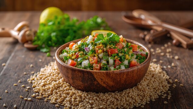 Fresh tabouli salad featuring parsley, mint, tomato, onion, olive oil, lemon juice, and bulgar wheat, ideal for nutritious diets