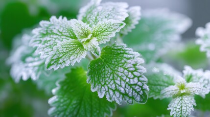 A macro close-up of green leaves, lavender, mint, and white flowers, covered with delicate ice crystal patterns and frost, highlighting the fresh foliage of a winter garden.