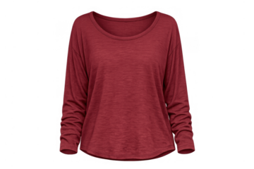 Maroon women's long sleeve scoop neck t-shirt on transparent background, casual everyday wear blank apparel mockup