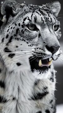 Portrait of a snow leopard in black and white showcasing its beautiful fur and detailed face, a wild animal in its natural habitat