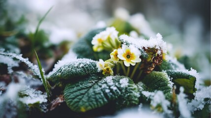 A macro close-up of green leaves, lavender, mint, and white flowers, covered with delicate ice crystal patterns and frost, highlighting the fresh foliage of a winter garden.