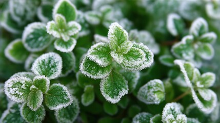 A macro close-up of green leaves, lavender, mint, and white flowers, covered with delicate ice crystal patterns and frost, highlighting the fresh foliage of a winter garden.