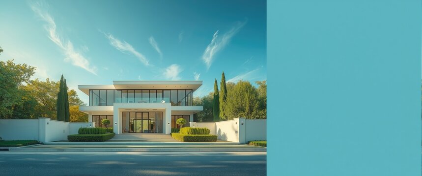 Contemporary white house with modern exterior, summer sky, trees, and garden surroundings