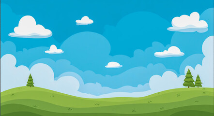 Cartoon green landscape with blue sky and white clouds, in the style of a cartoon style, vector illustration, simple design, cute background for children's book cover.