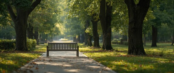 Old wooden bench situated in silent park, urban garden beside pathway. Summer or early autumn morning among forest with old green trees. City relaxation and inspiration concept