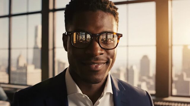 Professional person holding eyeglasses with city skyline background