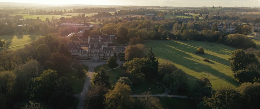 Aerial perspective of the famous Bryanston private school located in Blandford, Dorset