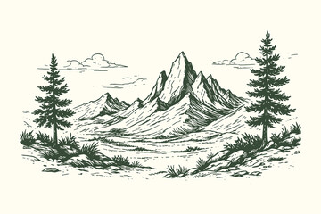 Majestic sharp mountain peaks with pine trees in the foreground and clouds, vintage hand-drawn line art engraving vector illustration for adventure theme. © Chairul