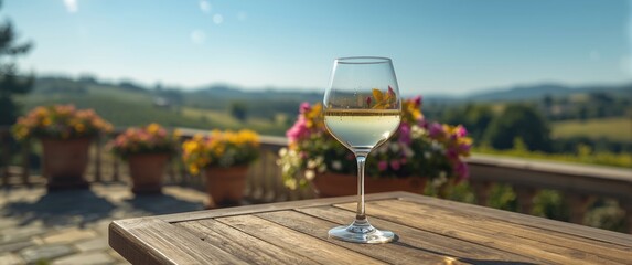Obraz premium Summer morning scene with a glass of white wine on rustic table, flower pots, and vineyard hills in the background