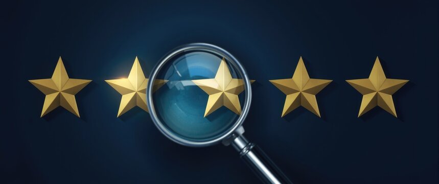 Rating credibility check: Five stars and a magnifying glass on the last star, involving auditing, testing, and certification