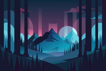 Abstract Dark Landscape with Tall Trees and Snowy Mountains Under a Pink Sky forest