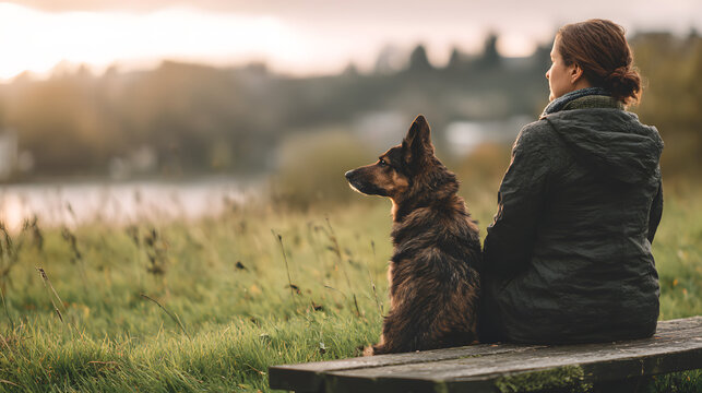 Owner dog sitting side by side on bench in peaceful countryside at sunset, reflecting loyalty, companionship, emotional bond, and outdoor lifestyle