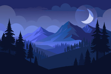 Minimal dark forest landscape with deep blue mountains and a bright moon at night