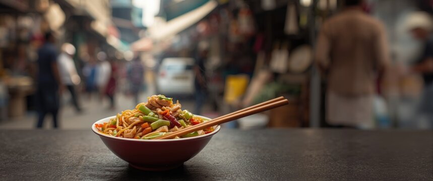 Indochinese American chop suey is a popular dish presented in a bowl with chop sticks