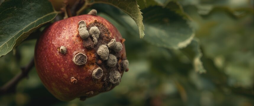 Moniliasis causing fruit rot on fruit trees: apple affected by disease on a garden branch
