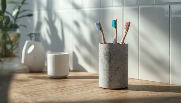 Wooden bathroom table holding a stone gray toothbrush holder with three toothbrushes, focusing on bathroom organization and cleanliness
