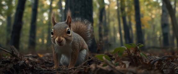 Squirrel female foraging in the woodland