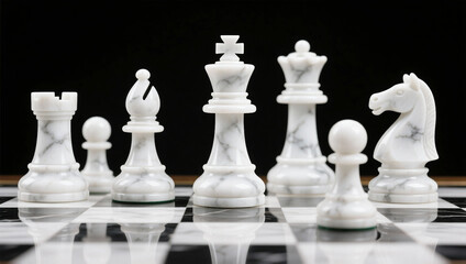 Elegant white marble chess pieces arranged on a chessboard against dark background. Classic board game concept symbolizing strategy logic intelligence and competition.