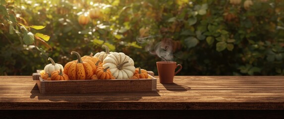 Ornamental pumpkins arranged on wooden surface and tray with vegetation backdrop for Thanksgiving greeting card in anime style