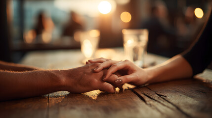 Obraz premium Date moment with couple holding hands across rustic table in warm evening light, symbolizing romance, connection, intimacy, and emotional closeness