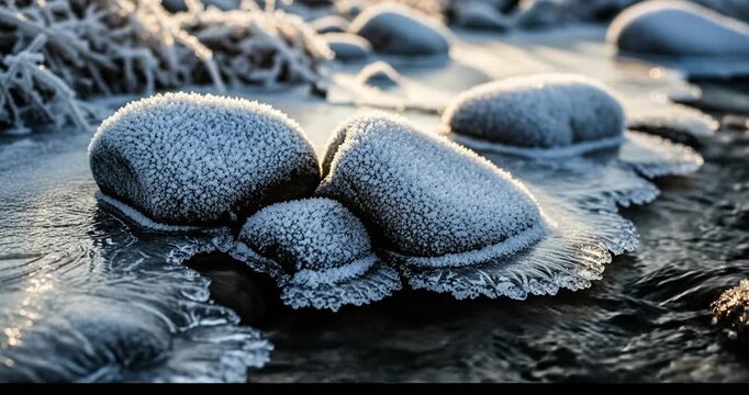 Frost-covered rocks along a serene riverbank at dawn, surrounded by glistening ice formations
