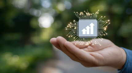 AI growth symbols on a microchip held by hand showcasing technology innovation and artificial intelligence development outdoors, close-up of human hand presenting a glowing silicon