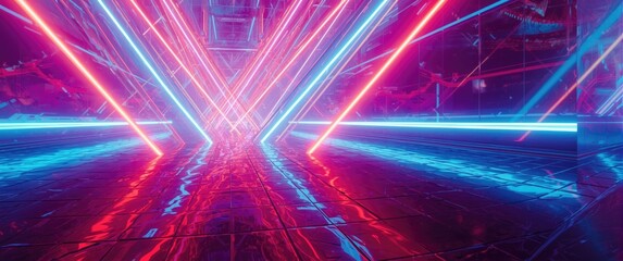 Retro style futuristic neon stripes featuring glowing diagonal laser beams and a reflective cyber floor for dynamic high-speed motion visuals