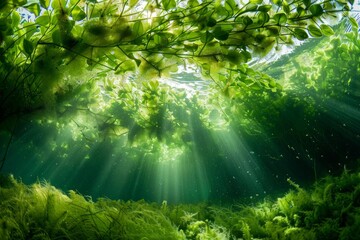 Fototapeta premium Underwater river plants creating sunbeams in crystal clear water
