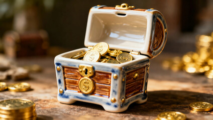 Cute ceramic treasure chest filled with gold coins on wooden table. Wealth savings investment and fortune concept with playful decorative style.