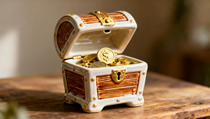 Cute ceramic treasure chest filled with gold coins on wooden table. Wealth savings investment and fortune concept with playful decorative style.