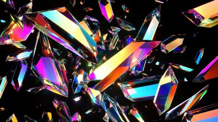 A vibrant abstract explosion of sharp crystalline shards reflecting prismatic light in a dynamic and radiant display