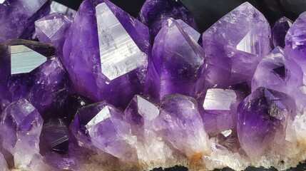 Close-up view of a cluster of deep purple amethyst crystal shards showing its natural crystalline structure and sharp pointed facets