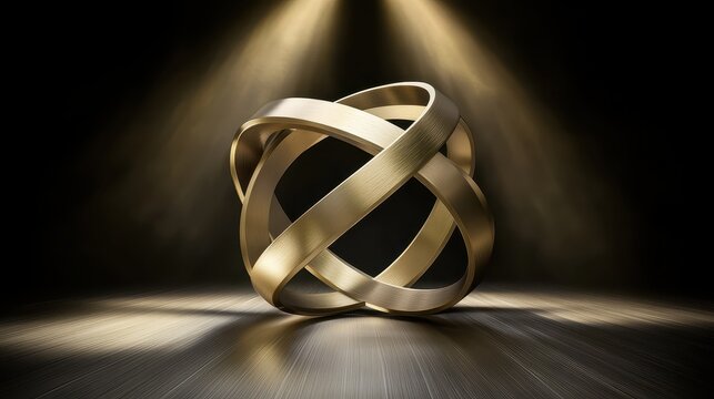An abstract kinetic sculpture of polished interlocking brass rings illuminated by soft spotlights on a reflective surface