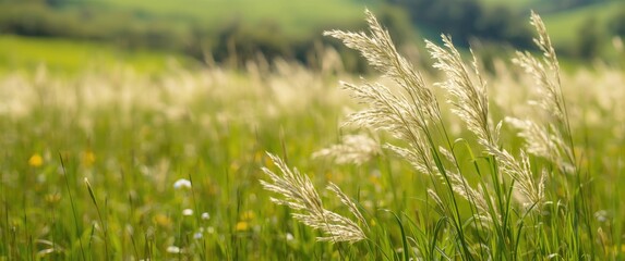 Fototapeta premium Background featuring soft light grass flowers, food, summer, nature, spring, landscape, garden, green, farm