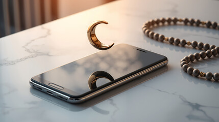 Modern Islamic FinTech concept with smartphone gold crescent moon and copy space for Ramadan
