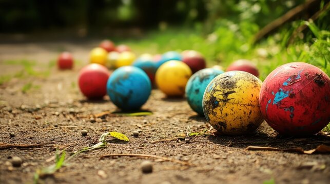 Collection of brightly colored and worn bocce balls on the ground