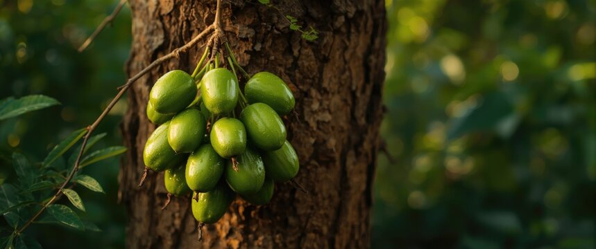 A bunch of young Averrhoa bilimbi fruits hanging from a tree trunk