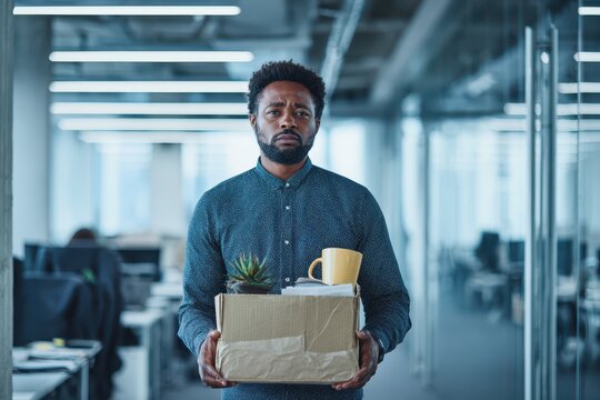 Career setback mood: departing worker holding a box of belongings in an empty office